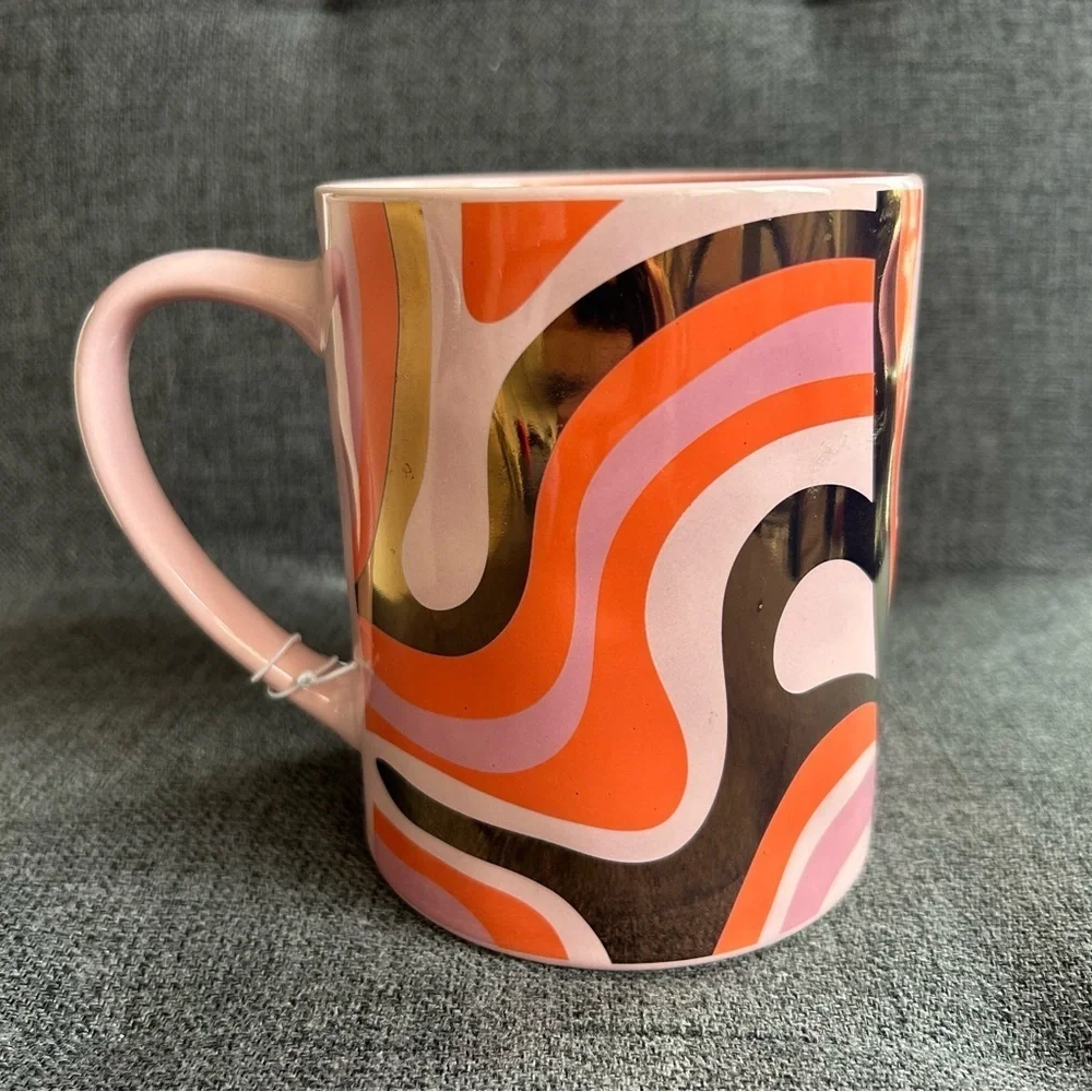 Groovy, Psychedelic Wave Design Coffee Mug, Pink, Orange, Gold Metallic, 20 oz